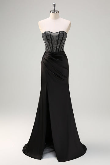Sirena nera senza spalline increspato corsetto in raso lungo Abito da cerimonia con perline